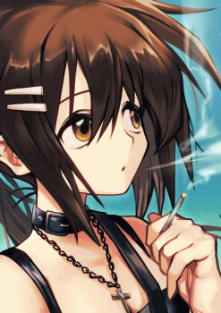 1girl bare_shoulders belt_collar blue_background brown_hair cigarette collar commentary_request cross cross_necklace hair_ornament hairclip hirata_(ginko828) holding holding_cigarette jewelry long_hair looking_to_the_side minakami_yuki necklace ponytail portrait smoke smoking solo spaghetti_strap subarashiki_hibi yellow_eyes