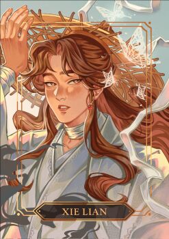 Rule 34 | 1boy, bandaged neck, bandages, border, bright pupils, brown eyes, brown hair, bug, butterfly, character name, chinese clothes, commentary, earrings, english commentary, gem, glowing butterfly, gold, gold border, hair bun, hand up, hanfu, hat, highres, insect, inset border, jewelry, long hair, male focus, open mouth, ornate border, outdoors, outside border, parted bangs, portrait, red gemstone, ribbon, rice hat, sidelocks, single earring, single hair bun, sky, solo, tianguan cifu, verbartt, white butterfly, white hanfu, white pupils, white ribbon, white sky, xie lian