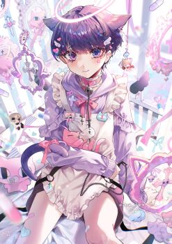 1boy absurdly_detailed_composition aegyo_sal androgynous animal_ears apron artist_name bandaid_on_thigh bishounen blue_eyes cat-shaped_pillow cat_boy cat_ears charm_(object) closed_mouth commentary cowboy_shot decora demon_boy eita_789 empty_picture_frame flower_facial_mark girly_boy hair_ornament halo heart heart_hair_ornament heterochromia highres hood hood_down hoodie indoors light_smile looking_at_viewer maid_apron male_focus one_(eita_789) original picture_frame piercing pill purple_eyes purple_hoodie sitting solo string_of_flags symbol-only_commentary white_apron window wing_hair_ornament yami_kawaii