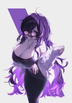 1girl absurdres arm_under_breasts aroused_nosebleed averting_eyes bare_shoulders black-framed_eyewear black_dress blood blood_on_breasts breasts cleavage coat commentary cowboy_shot crooked_eyewear doabi dress drooling furrowed_brow glasses goddess_of_victory:_nikke hair_intakes hair_over_one_eye hand_up highres huge_breasts lab_coat label_(nikke) long_bangs long_dress long_hair long_sleeves messy_hair mojyo mole mole_on_breast mouth_drool nosebleed off_shoulder one_eye_covered open_clothes open_coat open_mouth pinching_sleeves purple_eyes purple_hair sidelighting simple_background smile solo sweat very_long_hair