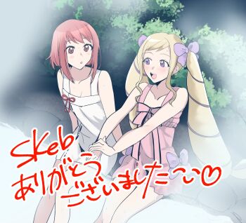 2girls :d :o bare_shoulders blonde_hair blush bob_cut bow brown_eyes bush commentary_request commission dress drill_hair elise_(fire_emblem) fire_emblem fire_emblem_fates hair_bow highres inverted_bob long_hair long_sidelocks multiple_girls multiple_hair_bows nintendo onsen open_mouth pink_hair purple_bow purple_eyes sakura_(fire_emblem) same-sex_bathing shared_bathing short_hair sidelocks sitting skeb_commission sleeveless smile sou_mei steam sweat twin_drills twintails very_long_hair