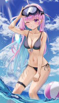 1girl aqua_hair ball bare_shoulders beachball bikini black_bikini black_bow blue_sky blush bow breasts cleavage cloud cloudy_sky collarbone colored_inner_hair day eyewear_on_head front-tie_bikini_top front-tie_top grin highres hololive large_breasts long_hair looking_at_viewer minato_aqua multicolored_hair navel ocean one_eye_closed pink_eyes pink_hair side-tie_bikini_bottom sky smile solo stomach streaked_hair swimsuit thigh_strap thighs two-tone_hair two_side_up virtual_youtuber wading yuno_usagi