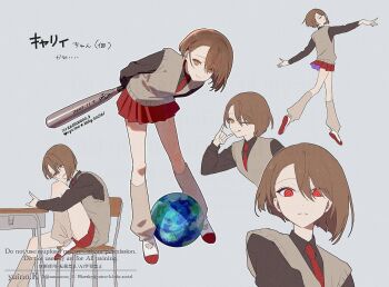 Rule 34 | 1girl, ;p, @ @, \m/, asymmetrical hair, baseball bat, black shirt, brown eyes, brown hair, brown socks, brown sweater vest, carrie-chan, carrie (song), chair, closed eyes, collared shirt, dancing, dated, desk, earth (planet), empty eyes, grey background, hair behind ear, hair between eyes, holding, holding baseball bat, hugging own leg, leg up, long sleeves, looking at viewer, loose socks, multicolored shoes, multiple views, necktie, one eye closed, open mouth, planet, pointing, red eyes, red necktie, red shoes, school chair, school desk, school uniform, shirt, shoes, short hair, signature, sitting, smile, socks, straight hair, sweater vest, tongue, tongue out, translation request, two-tone shoes, uwabaki, white shoes, wing collar, yuino (kazuta)