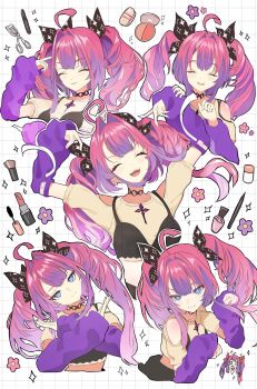 1girl ahoge arms_up black_bra black_choker black_ribbon blue_eyes bow bra bra_over_clothes choker closed_eyes closed_mouth clothing_cutout commentary_request cosmetics cropped_torso grid_background hair_bow hair_intakes hair_ribbon highres hololive hololive_dev_is kikirara_vivi kikirara_vivi_(1st_costume) light_frown lipstick_tube long_hair looking_at_viewer makeup_brush multicolored_hair multiple_expressions multiple_views open_mouth paw_pose pink_hair purple_arm_warmers purple_hair purple_streaks ribbon sakuradakey serious shirt shoulder_cutout sidelocks smile sparkle_print star-shaped_gem streaked_hair twintails underwear virtual_youtuber white_background white_shirt x_arms