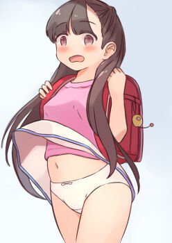 1girl backpack bag blue_background blush bow bow_panties breasts brown_eyes brown_hair crime_prevention_buzzer crotch_seam kai_ooo1 loli long_hair looking_at_viewer midriff navel open_mouth original panties pink_shirt randoseru shirt skirt small_breasts standing surprised underwear white_bow white_panties white_skirt wind wind_lift