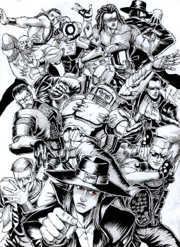 1other 6+boys abs araki_hirohiko_(style) arm_tattoo armor axe bandolier beard belt blood_(game) boots caleb_(blood) coat commentary corvus_(heretic) cowboy_hat crossover deus_ex deus_ex_(2000) doom_(series) doom_i doomguy dragon_tattoo duke_nukem duke_nukem_(series) duke_nukem_3d dusk_(game) duskdude english_commentary facial_hair fingerless_gloves fire_axe glasses gloves goggles gordon_freeman half-life half-life_(series) halo_(series) hat helmet heretic hev_suit highres jacket jc_denton john_r._blade jojo_no_kimyou_na_bouken jojo_pose limited_palette lo_wang long_sleeves looking_at_viewer male_focus manly master_chief monochrome multiple_boys mustache parody pointing power_armor red_eyes robot scar scar_across_eye scar_on_face scar_on_stomach shadow_warrior shadow_warrior_(1997) short_sleeves sin_(game) sleeveless style_parody substance20 sunglasses tank_top tattoo topless_male trench_coat ultrakill v1_(ultrakill) william_joseph_blazkowicz wolfenstein_(series) wolfenstein_3d