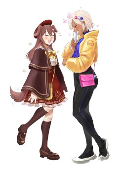2girls absurdres animal_ears bag beret bow brown_hair brown_skirt brown_socks cellphone dark-skinned_female dark_skin dog_ears dog_tail handbag hat heart highres holding holding_phone hololive hololive_english hood hooded_jacket inugami_korone inugami_korone_(street) jacket limiter_(tsukumo_sana) long_hair multicolored_hair_bobbles multiple_girls pants phone short_hair skirt smartphone socks tail tight_clothes tight_pants tsukumo_sana virtual_youtuber white_background white_hair yellow_bow yorobisan