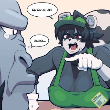 1boy 1girl animal_ears apron artist_name black_hair breast_press breast_rest breasts breasts_on_table butter_sugoi cafe english_text fangs frown furry furry_female furry_male gloves gorilla green_apron huge_breasts large_breasts looking_at_another mama_raccoon meme monkey open_mouth original raccoon_ears raccoon_girl raccoon_tail racism red_eyes simple_background speech_bubble starbucks tail tearing_up teeth thought_bubble visor_cap watermark white_gloves woman_yelling_at_cat_(meme) yellow_background