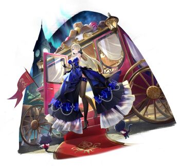 Rule 34 | 1girl, artist request, aurora, bead necklace, beads, black carpet, black gloves, black shoes, black thighhighs, blonde hair, blue bow, blue dress, blue eyes, bow, breasts, carriage, clock, clock tower, collar, diamond (shape), dress, dress bow, elbow gloves, flagpole, food, frilled dress, frills, full body, game cg, gloves, hair over one eye, high heels, highres, horse, jewelry, lamppost, large bow, large breasts, layered dress, long dress, long hair, looking at viewer, necklace, non-web source, official alternate costume, official art, outdoors, poker fate, red flag, ribbon, see-through clothes, see-through thighhighs, shiraishi irina, shiraishi irina (starlit carriage), shirt, shoes, side slit, sideboob, sleeveless, sleeveless dress, solo, spade (shape), stiletto heels, sweets, thighhighs, tower, transparent background, vest, waistcoat, white collar, white ribbon, white shirt