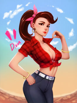 1girl bangle belt blue_pants blue_sky bracelet breasts brown_eyes brown_hair character_name cleavage clothes_pull cloud cloudy_sky collarbone contrapposto cowboy_shot cruiser_d.va d.va_(overwatch) day earrings eyelashes eyeliner eyeshadow female_focus fingernails front-tie_top gabriel_carrasquillo hair_ribbon hairband hand_on_own_hip hand_up highres hoop_earrings jewelry legs_together lipstick long_hair looking_at_viewer makeup mascara medium_breasts no_bra nose official_alternate_costume outdoors overwatch overwatch_1 pants pink_hairband pink_ribbon plaid_clothes plaid_shirt ponytail pulling_own_clothes red_lips red_shirt ribbon shirt shirt_pull short_sleeves sky smile solo standing swept_bangs unbuttoned unbuttoned_shirt white_belt