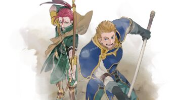 2boys 91007 armor blonde_hair blue_armor bow_(weapon) commentary_request fire_emblem fire_emblem:_path_of_radiance gatrie_(fire_emblem) green_eyes highres holding holding_bow_(weapon) holding_polearm holding_weapon multiple_boys nintendo polearm ponytail red_hair shinon_(fire_emblem) weapon