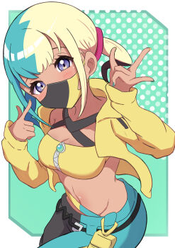1girl absurdres aqua_background aqua_hair aqua_nails aqua_pants bandeau black_hair black_mask black_pants blonde_hair blue_eyes blush breasts canari_(pokemon) cleavage commentary dark-skinned_female dark_skin fingernails highres jacket long_sleeves looking_at_viewer mask medium_breasts mouth_mask multicolored_hair nail_polish navel nintendo pants pokemon polka_dot polka_dot_background rono_(lethys) solo two-tone_mask two-tone_pants yellow_bandeau yellow_jacket yellow_mask