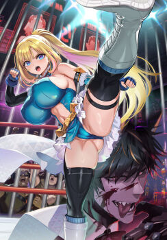 1girl 6+boys alicia_(goetia_shock) alicia_arclight animal_ears ass black_hair black_mask black_thighhighs blonde_hair blood blood_on_face blue_eyes boots breasts cameltoe character_request cheering clenched_hands clothing_cutout colored_inner_hair cover cover_page covered_erect_nipples detached_sleeves dog_ears dress fingerless_gloves from_below gauntlets gloves goetia_shock high_kick high_ponytail highres huge_breasts impossible_clothes impossible_dress iron_bars kicking knee_boots long_hair mole mole_on_thigh multicolored_hair multiple_boys navel novel_cover official_art ookuma_nekosuke open_mouth partially_visible_vulva pink_hair ponytail red_eyes screen second-party_source sharp_teeth shoe_soles short_dress short_hair sleeveless sleeveless_dress spotlight spread_legs standing standing_on_one_leg stomach_cutout streaked_hair teeth thighhighs tongue tongue_out v-shaped_eyebrows very_long_hair wide_spread_legs wrestling_outfit wrestling_ring