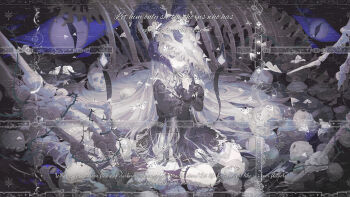 1girl black_dress black_ribbon blue_sclera bone chinese_commentary colored_sclera commentary_request commission death demon_horns dress english_text expressionless extra_eyes full_body grey_hair hair_spread_out hands_up highres horns interlocked_fingers juliet_sleeves kneeling long_hair long_sleeves looking_at_viewer neck_ribbon one_eye_covered original own_hands_together parted_lips puffy_sleeves ribbon skeleton skull skull_on_head slit_pupils solo straight_hair umehara_sei very_long_hair