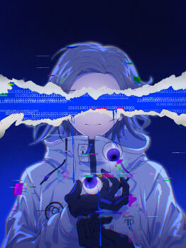 Rule 34 | 1boy, absurdres, aotsuki eito, binary, black gloves, blood, blood on gloves, blue background, blue blood, blue screen of death, box galaxy, chinese commentary, commentary request, covered eyes, eyeball, facing viewer, film grain, floating, floating object, glitch, glitch art, gloves, gradient background, grey hair, highres, holding, holding eyeball, jacket, male focus, purple eyes, revealing layer, short hair, solo, the hundred line -last defense academy-, upper body, white jacket