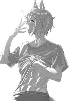 1girl abs absurdres animal_ears closed_eyes commentary greyscale hand_under_clothes hand_under_shirt highres horse_ears horse_girl midriff monochrome muscular muscular_female navel profile seiun_sky_(umamusume) senchan_7 shirt simple_background sleepy solo squeans umamusume white_background yawning