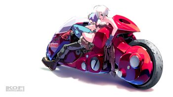 Rule 34 | 1boy, 1girl, akira (manga), angel (kof), blue hair, breasts, character name, commentary, copyright name, fingerless gloves, gloves, highres, k9999, kaneda shoutarou's bike, makokujira, motor vehicle, motorcycle, on motorcycle, red gloves, short hair, solo, the king of fighters, white hair