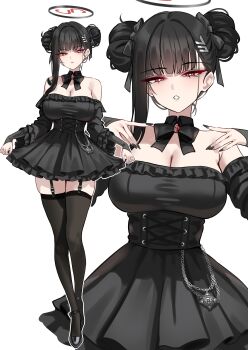 1girl absurdres alternate_costume alternate_hairstyle bare_shoulders black_dress black_hair black_nails black_thighhighs blue_archive breasts bright_pupils brooch closed_mouth double_bun dress full_body hair_bun hair_ornament hairclip halo hands_up highres jewelry large_breasts long_sleeves multiple_views nail_polish off_shoulder parted_lips red_eyes rio_(blue_archive) shigure_s simple_background standing thighhighs thighs white_background white_pupils