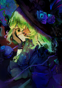 Rule 34 | 1girl, absurdres, black gloves, black hat, blue flower, closed mouth, eyepatch, flower, gloves, green eyes, green hair, green shirt, hand on own face, hat, hat flower, heart, heart of string, highres, komeiji koishi, long sleeves, sfnnezl 0u0, shirt, short hair, solo, third eye, tilted headwear, touhou, wide brim