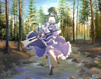 1girl absurdres backless_shirt bare_back bare_shoulders black_bow blue_eyes blue_skirt blush bow breasts closed_mouth collar collared_shirt commentary detached_sleeves edz_drawz english_commentary floating_clothes floating_hair foot_up forest frilled_skirt frills frog_hair_ornament gohei green_hair hair_ornament hair_tubes highres holding holding_gohei kneehighs kochiya_sanae light_particles long_hair long_skirt looking_back nape nature pine_tree plantar_flexion ribbon rock shirt single_hair_tube single_sidelock skirt sleeveless sleeveless_shirt snake_hair_ornament socks solo stream touhou tree watermark white_ribbon white_shirt white_socks wide_sleeves