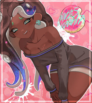 Rule 34 | 1girl, bare shoulders, black hair, breasts, dark-skinned female, dark skin, donut, dress, earrings, ereas kanta, food, green eyes, green hair, heart, jewelry, long hair, long sleeves, marina (splatoon), nintendo, pink background, short dress, splatoon (series), teeth, tentacle hair, very long hair