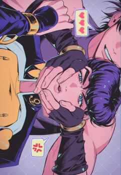 2boys anchor_ornament anger_vein battle_tendency black_gloves blue_eyes bracelet cheek_squash coat commentary diamond_wa_kudakenai father_and_son fingerless_gloves gakuran gloves hand_on_another&#039;s_hand hands_on_another&#039;s_cheeks hands_on_another&#039;s_face heart heart_ornament higashikata_josuke high_collar highres jewelry jojo_no_kimyou_na_bouken joseph_joestar joseph_joestar_(young) male_focus multiple_boys muscular muscular_male pompadour purple_coat purple_hair purple_shirt rkznfksthsus school_uniform shirt sideways sleeveless sleeveless_shirt smile speech_bubble spoken_anger_vein spoken_heart symbol-only_commentary time_paradox yellow_shirt