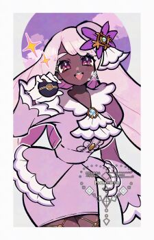 1girl artist_name brown_eyes brown_pantyhose circle cloud commentary_request cowboy_shot dress flower gloves grey_background hacco_mayu hair_flower hair_ornament highres holding holding_poke_ball jacinthe_(pokemon) layered_dress long_hair long_sleeves looking_at_viewer luxury_ball nintendo open_mouth pantyhose pink_hair poke_ball pokemon puffy_long_sleeves puffy_sleeves purple_background purple_dress purple_flower smile solo sparkle swept_bangs teeth twitter_username upper_teeth_only very_long_hair watermark white_gloves