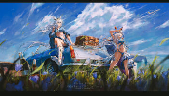 2girls absurdres ahoge aircraft airplane animal_ears bikini blue_bikini blue_eyes blue_skirt blurry blurry_background breasts cloud cloudy_sky commentary_request crop_top drawer_bushi_huajia ear_ornament ferrari_250_gt_california_spyder from_below grey_hair hair_ribbon headgear highres holding holding_surfboard horizon horse_ears horse_girl horse_tail large_breasts long_hair looking_to_the_side medium_breasts multiple_girls navel ocean oguri_cap_(umamusume) open_mouth picnic_basket pleated_skirt ribbon see-through_clothes shore sitting skirt sky smile socks standing suitcase surfboard swimsuit tail tamamo_cross_(umamusume) umamusume underboob vehicle_focus white_hair white_socks wide_sleeves