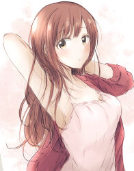 Rule 34 | 1girl, arm out of sleeve, arm up, armpits, arms behind head, baran. (ba ra ran), blush, breasts, brown background, brown hair, camisole, cardigan, cleavage, collarbone, hair down, highres, idolmaster, idolmaster cinderella girls, igarashi kyoko, long hair, long sleeves, looking at viewer, medium breasts, pink camisole, red cardigan, solo, swept bangs, upper body, watercolor background, white background, yellow eyes