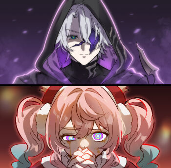 1boy 1girl alternate_eye_color aqua_hair aquila_(honkai:_star_rail) black_cloak blue_eyes cloak drill_hair flame_reaver_of_the_deepest_dark hair_between_eyes hat highres honkai:_star_rail honkai_(series) hyacine_(honkai:_star_rail) long_hair looking_at_viewer meronppaii multicolored_eyes multicolored_hair phainon_(honkai:_star_rail) pink_hair red_hat ringed_eyes short_hair twin_drills twintails white_hair