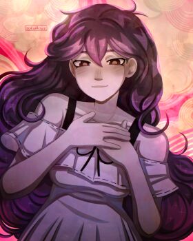 1girl alternate_costume alternate_universe artist_name black_eyes black_hair breasts closed_mouth collarbone colored_skin commentary double-parted_bangs english_commentary highres long_hair looking_at_viewer mari_(omori) mari_(spirit)_(omori) medium_breasts omori smile solo upper_body white_skin zoewillowz