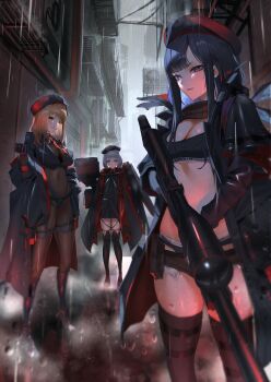 3girls absolute_(nikke) absurdres alley beret black_bra black_gloves black_hair black_hat black_jacket black_panties black_thighhighs bodystocking bra breasts brown_hair cleavage emma_(nikke) emma_(tactical_upgrade)_(nikke) eunhwa_(nikke) eunhwa_(tactical_upgrade)_(nikke) gloves goddess_of_victory:_nikke grey_hair grey_sky gun hat highres holding holding_gun holding_weapon jacket large_breasts medium_breasts multiple_girls nekoten panties purple_eyes rain rifle scarf scope sky sniper_rifle thighhighs underwear vesti_(nikke) vesti_(tactical_upgrade)_(nikke) weapon