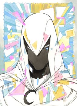 1boy armor black_mask cape commentary crescent highres male_focus marvel memphis_design moon_knight no_pupils official_art peach_momoko portrait solo superhero_costume white_armor white_cape white_hood