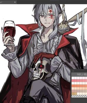 1boy alcohol allen_walker art_program_in_frame black_cloak black_nails cloak collarbone collared_cloak collared_shirt colored_extremities colored_skin creature creature_on_shoulder cross crossed_legs cup d.gray-man dress_shirt drinking_glass facial_mark facing_viewer fingernails forehead_mark golem_(d.gray-man) grey_eyes grey_pants hair_between_eyes hair_over_shoulder halloween_costume heterochromia holding holding_cup holding_skull horns long_hair looking_at_viewer low-tied_long_hair male_focus on_shoulder pants pointy_ears red_eyes red_skin red_wine ribbon scar scar_across_eye scar_on_face shachi_ark sharp_fingernails shirt sidelocks simple_background sitting skull solo star_(symbol) star_facial_mark striped_cloak striped_clothes timcanpy vampire_costume vertical-striped_clothes white_background white_hair white_ribbon white_shirt wine wings