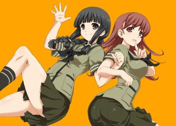 10s 2girls ass black_eyes black_hair blunt_bangs breasts brown_eyes finger_to_mouth jpeg_artifacts kantai_collection kitakami_(kancolle) long_hair looking_at_viewer multiple_girls ooi_(kancolle) orange_background school_uniform serafuku short_sleeves sidelocks simple_background skirt smile uguisu_kagura waving