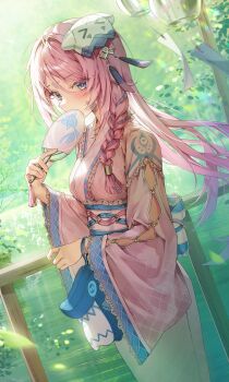 1girl absurdres alternate_costume blue_eyes blush braid citlali_(genshin_impact) commentary covering_own_mouth facial_mark genshin_impact hair_intakes hand_fan highres holding holding_fan japanese_clothes kimono long_hair long_sleeves looking_at_viewer mask mask_on_head nq_(nnq_q) obi outdoors pink_hair pink_kimono pink_pupils river sash sidelocks solo triangle triangle_facial_mark untranslatable_commentary water wide_sleeves
