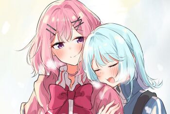 Rule 34 | 2girls, amaori renako, arm hug, blue hair, blue jacket, blush, bow, bowtie, breath, closed eyes, closed mouth, collared shirt, jacket, koyanagi kaho, medium hair, multiple girls, nuooooodoomo, open mouth, outdoors, pink bow, pink bowtie, pink hair, pink jacket, purple eyes, shirt, smile, watashi ga koibito ni nareru wake naijan murimuri!, white shirt, yuri