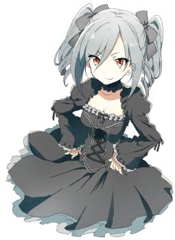 1girl black_bow black_choker black_corset black_dress black_ribbon bow breasts choker cleavage closed_mouth collarbone commentary_request corset cowboy_shot dress drill_hair eka_eri frilled_choker frilled_dress frilled_sleeves frills gothic_lolita grey_hair hair_bow hands_on_own_hips idolmaster idolmaster_cinderella_girls juliet_sleeves kanzaki_ranko lolita_fashion long_sleeves looking_at_viewer medium_breasts medium_hair orange_eyes parted_bangs puffy_sleeves ribbon ribbon-trimmed_sleeves ribbon_trim simple_background smile solo twin_drills white_background