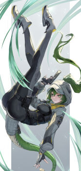 Rule 34 | 1girl, absurdres, ankle boots, arknights, ass, black bodysuit, black gloves, bodysuit, boots, bright pupils, commentary request, fingerless gloves, floating, fluorite (arknights), full body, gloves, green eyes, green hair, grey boots, grey hood, gun, hair between eyes, handgun, highres, holding, holding gun, holding weapon, hood, hood up, legs up, long hair, long sleeves, looking at viewer, partial commentary, pouch, snake girl, snake tail, solo, tail, thigh pouch, toricky, trigger discipline, weapon, white pupils