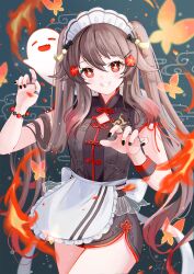 Rule 34 | 1girl, boo tao (genshin impact), brown hair, flower-shaped pupils, hu tao (genshin impact), looking at viewer, maid, red eyes, smile, solo, standing, symbol-shaped pupils, twintails, yutukicom