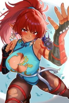 1girl arm_armor arm_tattoo armor bamboo_tac bare_shoulders black_gloves black_pantyhose blue_leotard blush breasts cleavage commentary_request dark-skinned_female dark_skin elbow_gloves facial_mark fingerless_gloves gloves hand_up highleg highleg_leotard highres large_breasts leotard long_hair mask mask_on_shoulder multiple_thigh_straps oni_mask original pantyhose pointy_ears ponytail red_eyes red_hair sash shoulder_armor simple_background smile solo sweat tan tattoo thigh_strap thighs torn_clothes torn_leotard torn_pantyhose white_sash