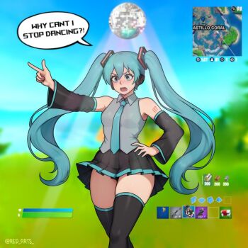 arm_warmers arts aware blue_eyes blush control dancing embarrassed fortnite hatsune_miku meme non-web_source speech_bubble vocaloid writing