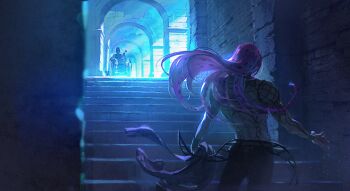 2boys arrow_(jojo) arrow_(projectile) back bracer commentary_request diavolo earrings eyepatch fishnet_top fishnets highres indoors jean_pierre_polnareff jewelry jojo_no_kimyou_na_bouken long_hair male_focus mature_male meipu_hm multicolored_hair multiple_boys night pink_hair sitting spoilers stairs standing tattoo two-tone_hair vento_aureo wheelchair