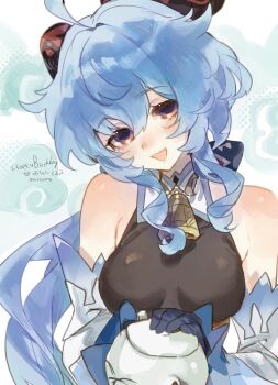 Rule 34 | 1girl, ahoge, bare shoulders, bell, black bodystocking, blue gloves, blue hair, breasts, commentary request, cowbell, dated, detached sleeves, ganyu (genshin impact), genshin impact, gloves, goat girl, goat horns, hair between eyes, halterneck, happy, highres, holding, holding teapot, horns, long hair, meameeea, medium breasts, neck bell, open mouth, purple eyes, qilin (mythology), sidelocks, smile, solo, teapot, twitter username, upper body