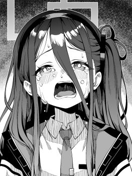 1girl aris_(blue_archive) blue_archive buta_(dhakaoat) collared_shirt commentary_request crying crying_with_eyes_open double-parted_bangs greyscale hair_between_eyes hairband halo highres jacket long_bangs long_hair long_hair_between_eyes long_sidelocks monochrome necktie one_side_up open_clothes open_jacket open_mouth rectangular_halo ringed_eyes shirt sidelocks snot solo straight-on tears teeth tie_clip upper_body