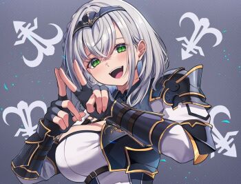 1girl :d armor black_gloves blush breastplate breasts chameleon_(chameleon0613) cleavage commentary elbow_pads fingerless_gloves fingernails gloves green_eyes grey_background grey_hair hairband hololive long_fingernails looking_at_viewer medium_hair open_mouth pauldrons purple_hair shirogane_noel shoulder_armor smile solo teeth underbust upper_body upper_teeth_only v vambraces