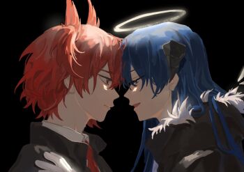 2girls arknights black_background black_jacket blue_eyes blue_hair closed_mouth commentary_request eternalpillow04 eye_contact fiammetta_(arknights) gloves hair_between_eyes halo head_wings highres horns jacket long_hair looking_at_another mostima_(arknights) multiple_girls open_mouth red_hair simple_background upper_body white_gloves wings yuri