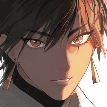 1boy brown_eyes brown_hair commentary_request earrings eyelashes fate/grand_order fate_(series) hair_between_eyes jewelry kotomine_(a1569) looking_at_viewer male_focus ozymandias_(fate) parted_lips portrait sidelighting simple_background solo tan white_background