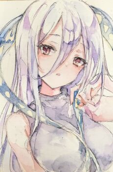 Rule 34 | 1girl, absurdres, black dress, breasts, commentary, dress, grey hair, hair between eyes, highres, kamu kotan, long hair, long hair between eyes, looking at viewer, open mouth, red eyes, ribbon around body, sleeveless, sleeveless dress, solo, touhou, traditional media, turtleneck, turtleneck dress, yuiman asama