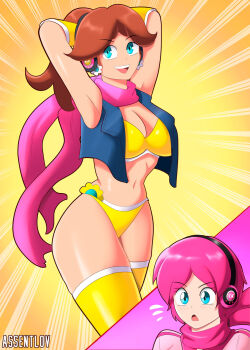 2girls armpits arms_behind_head assentlov bikini blue_eyes blush breasts brown_hair cleavage curvy dj flipped_hair grin headphones jacket legs looking_at_viewer mario_(series) midriff multiple_girls navel nintendo open_mouth pink_hair princess_daisy rose_(original_character) scarf shiny_skin smile standing super_mario_land swimsuit tomboy